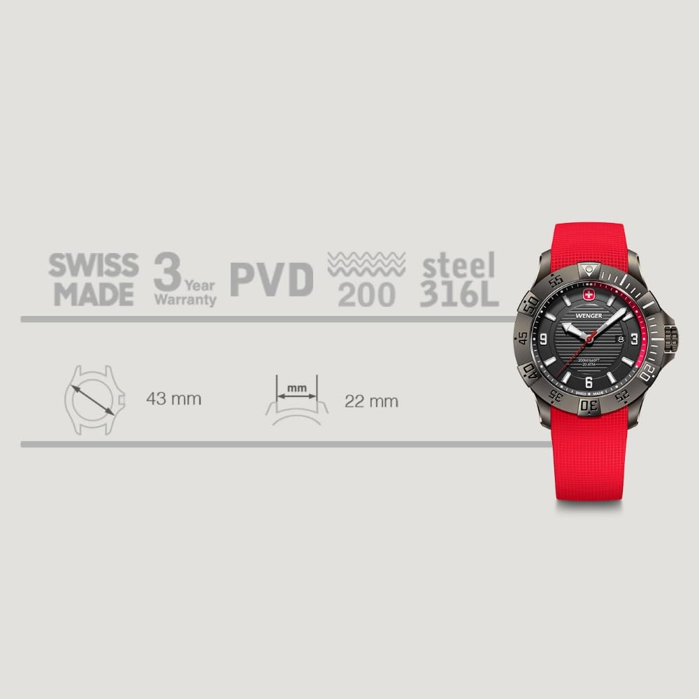 Wenger SEAFORCE Кварцевые Аналоговые Часы с Корпусом из Нержавеющей Стали Черный Лед Красный Силикон Водонепроницаемость 200м Черный Мужские (316L)