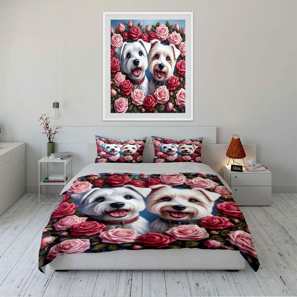 Cute Dogs with Pink Roses Bedding Duvet Cover Set (1*Duvet Cover 2*Pillowcases, without duvet insert)