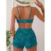 Cikini Women's Vacation Marble Print Casual Bikini Set, Three-Piece Bikini Set With Cover-Up Shorts, Random Print Summer Beach