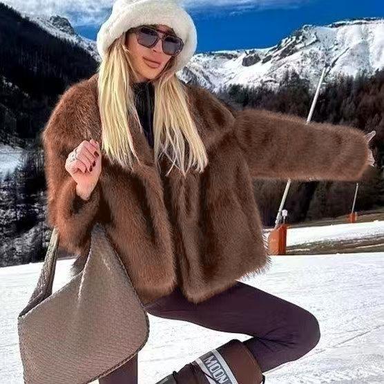 Зимняя леопардовая меховая куртка имитация норки большой лацкан женский топ пушистый свободный короткий