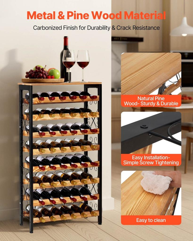 48 Bottle Wine Rack,8-Tier Iron Wine Bottle Holder With Wood Table Top,Freestanding Floor Display Wine Storage Shelves,For Kitchen Pantry, Cellar,