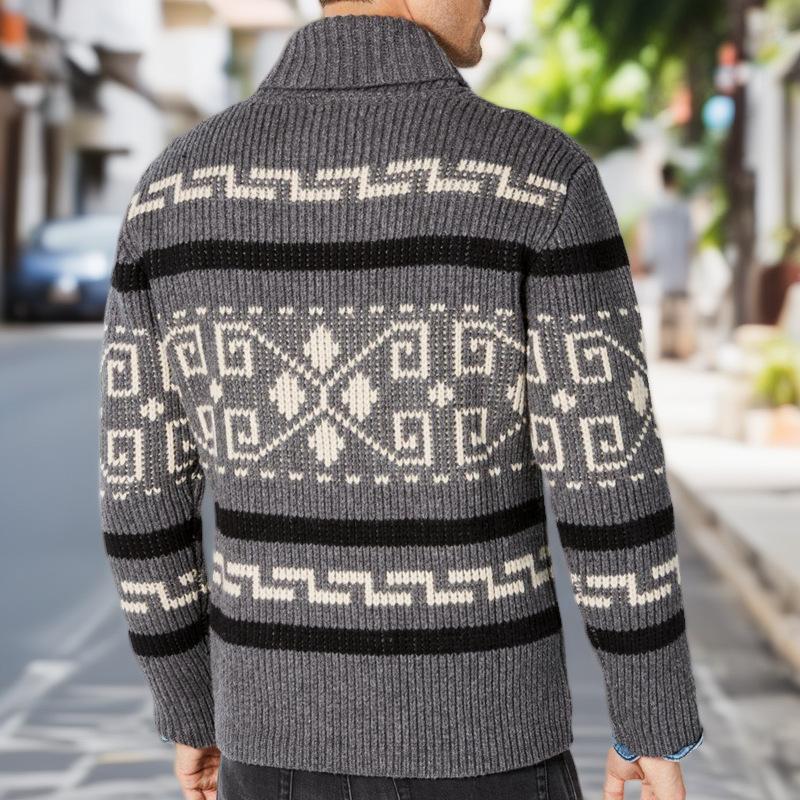 Autumn and Winter New Design Pattern Men's Fashionable Lapel Casual Cardigan Long Sleeved Jacquard Knitted High Weight Sweater Zipper Jacket