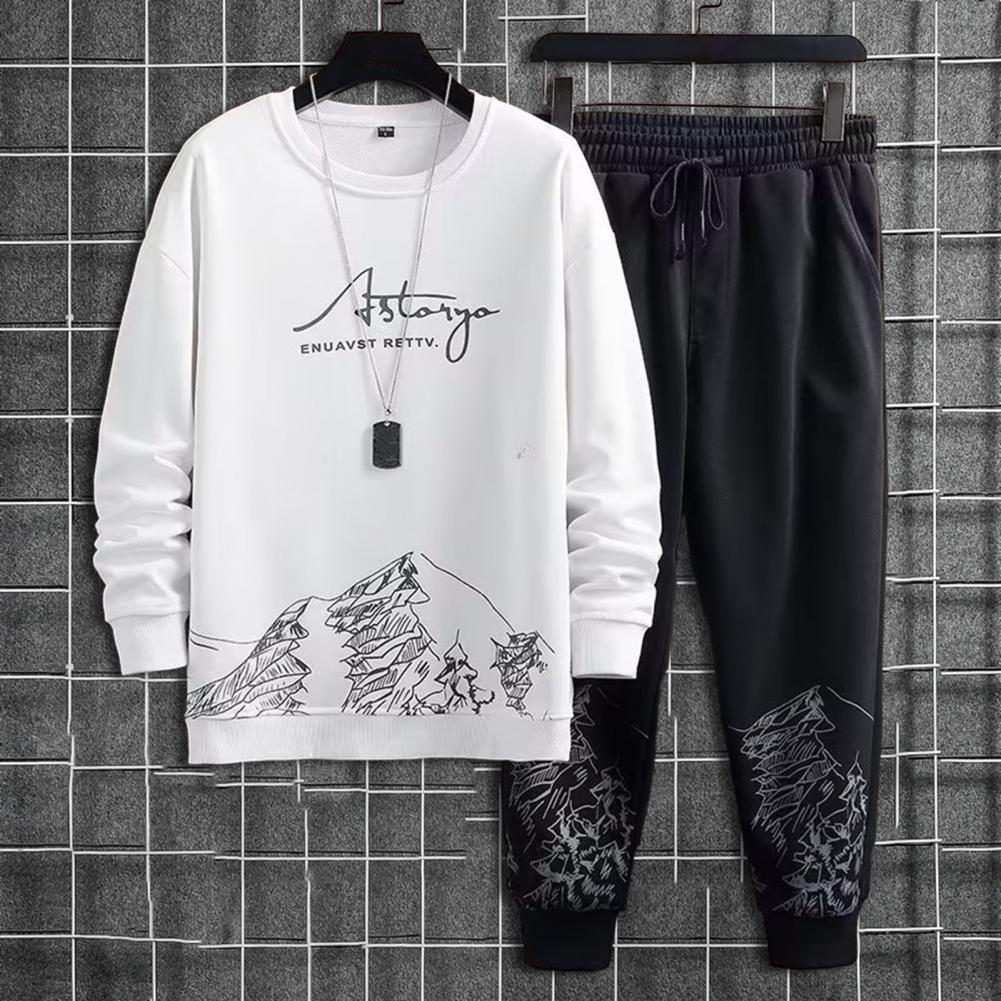 Карманы Мужской спортивный костюм с горным принтом Повседневный комплект спортивного костюма с толстовкой с круглым вырезом и брюками-джоггерами для осени-зимы Мужской