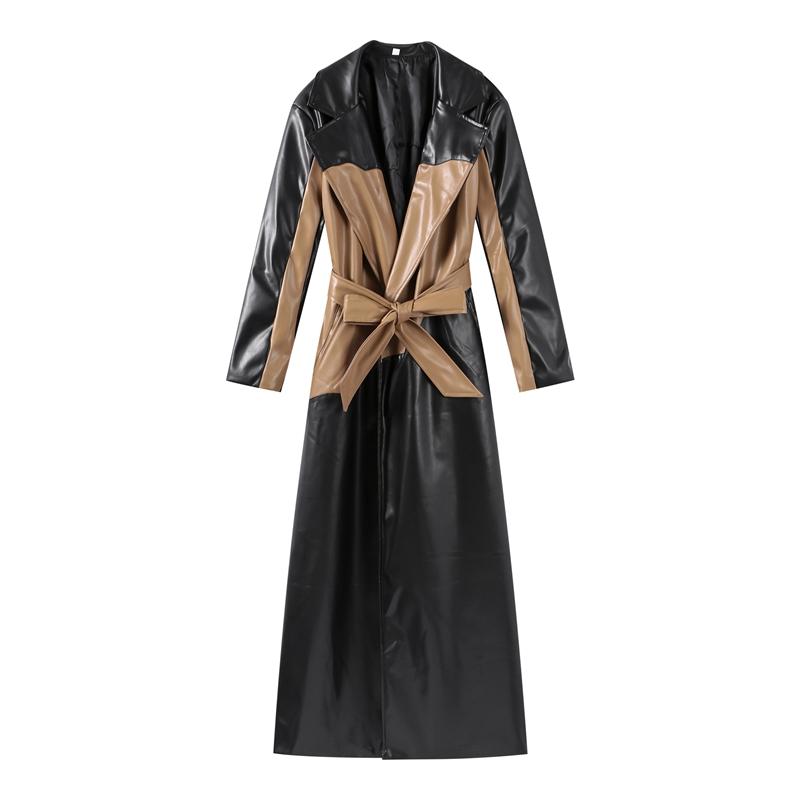 Контрастная кожаная длинная женская куртка со шнуровкой на лацканах с длинным рукавом, женская макси-куртка из искусственной кожи, осенне-зимнее уличное женское пальто с карманами