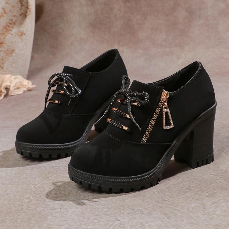 High Heel Low Top Fall New Round Metal Buckle Front Lace-Up Side Zip Non-Slip Platform Block Heel Boots