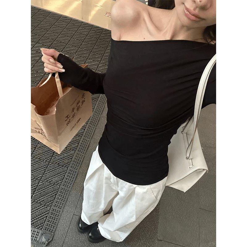 Новая женская футболка с длинным рукавом для чистой весны и осени, облегающая, с узким воротником, с открытыми плечами, облегающий низ, топ