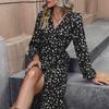 Women Autumn Winter Long Sleeve Print Elegant V-neck Casual A-Line Ankle-Length High Waist Dress