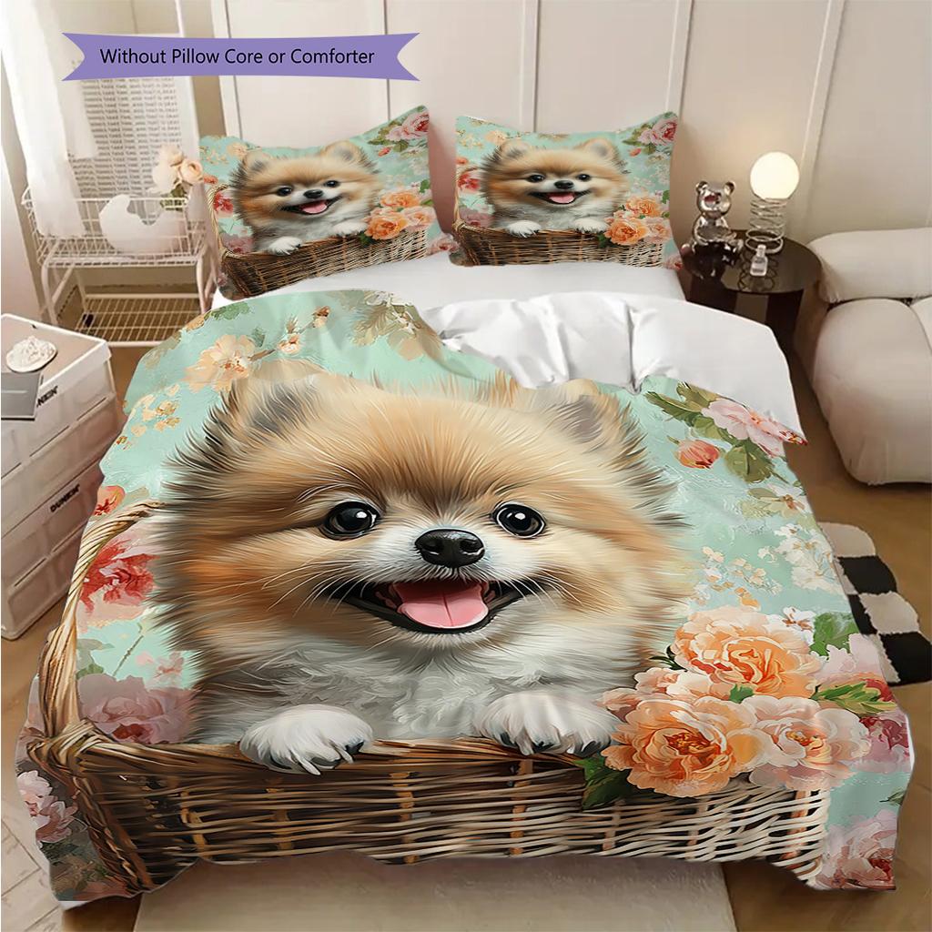 Pomeranian Pattern Bedding Quilt Set Quilt Cover Pillowcase Home Decoration Birthday Gift (1 * duvet cover + 2 * pillowcase, without core)