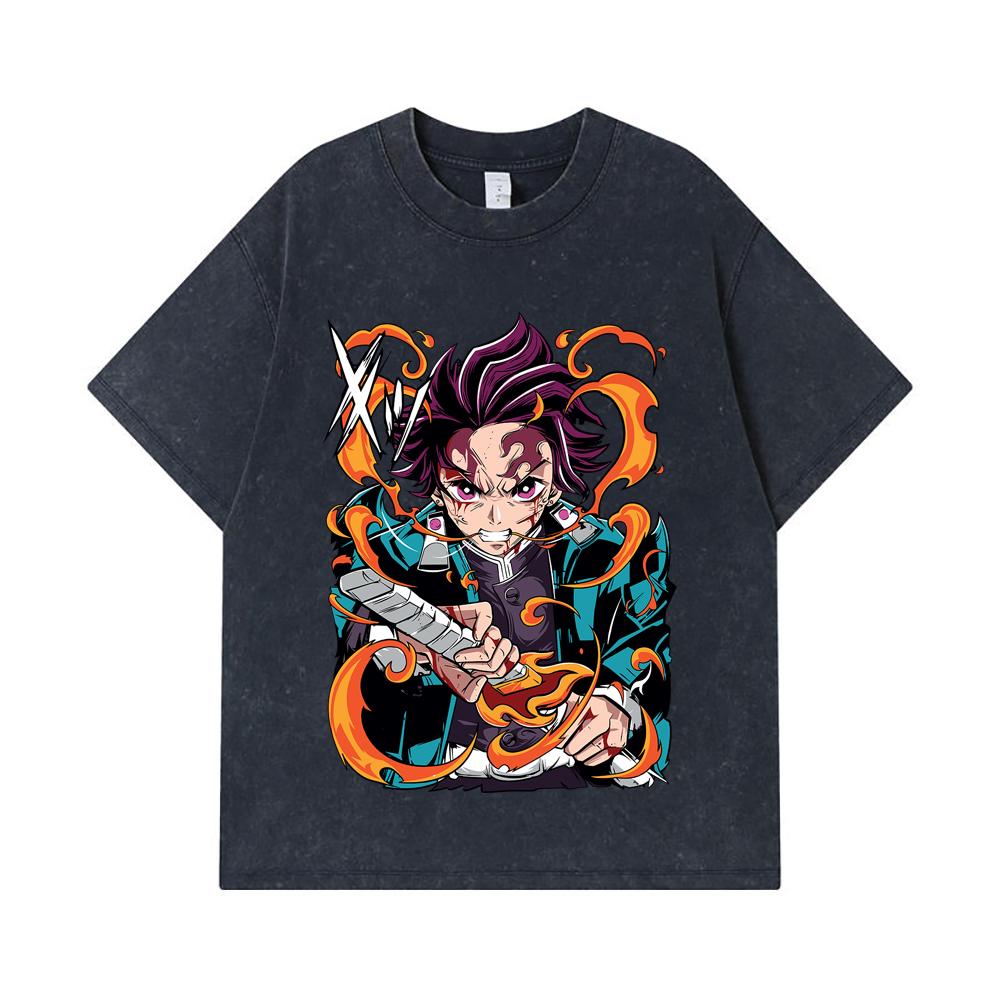 275 GSM Washed T-shirts 100% Cotton Demon Slayer V64 Tanjiro Fire Breathing Print Unisex Heavy Cotton T Shirt