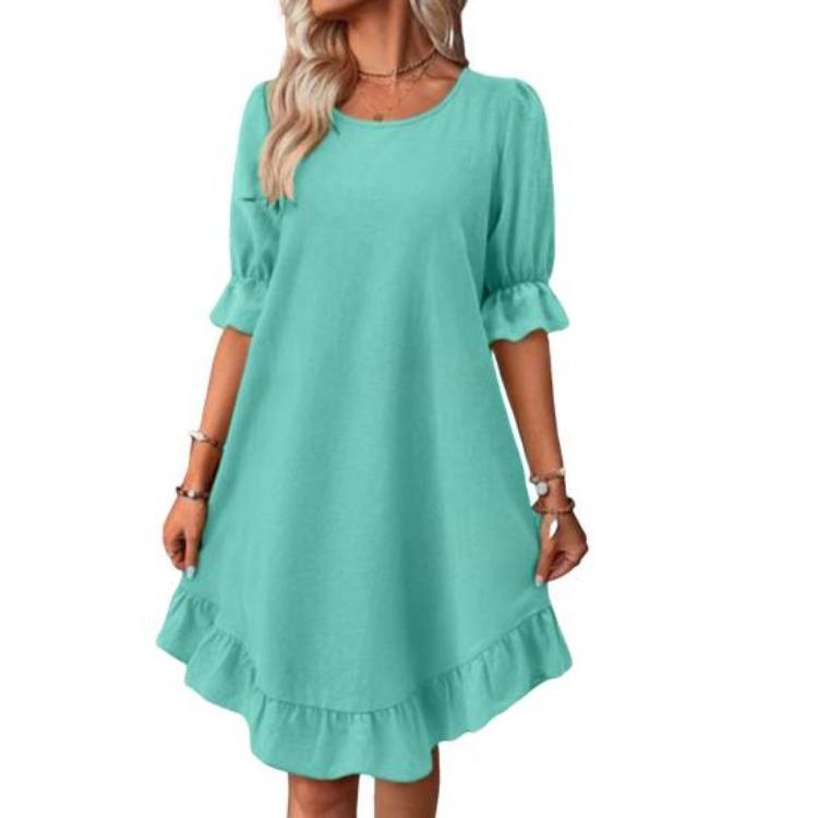 Casual Dresses - Summer Loose A-line Midi Dress Women Solid Color Big Swing Ruffle Patchwork O Neck Pullover Knee Length Mid Sleeves Dress