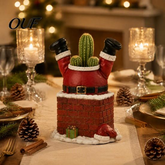 Creative Gardening Accessory Santa Claus in Smokestack Flower Pot Ornament, Resin Decorative Plant Planter Container, Small for Holiday Tabletop