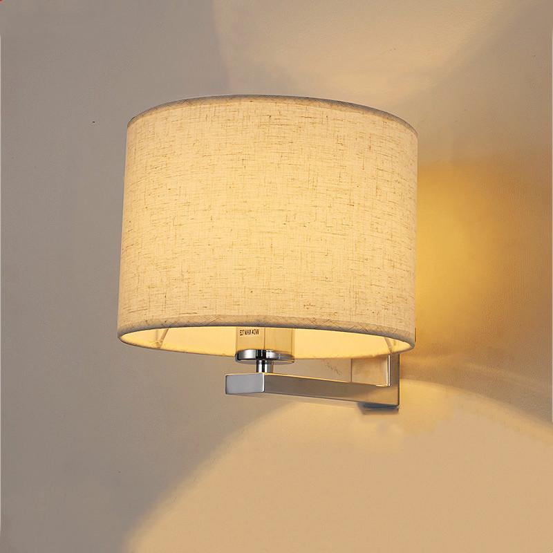 Современный светодиодный настенный светильник с лампой E27, круглая тканевая абажура, настенный бра, освещение для помещений, для отеля, спальни, прикроватной тумбочки, домашнего декора
