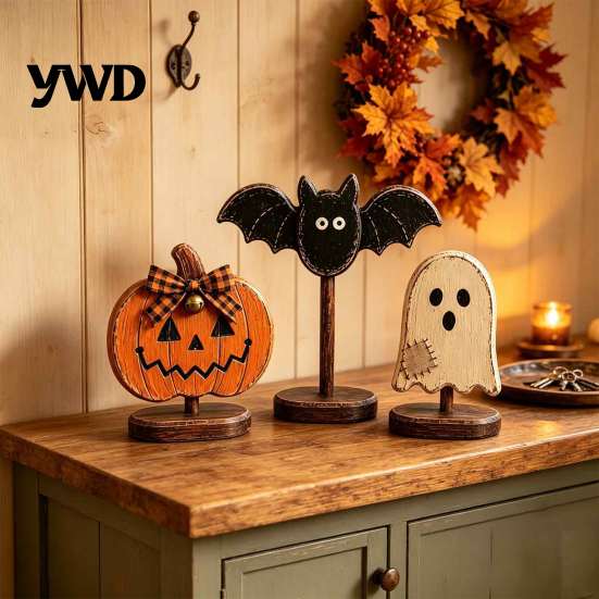 Wooden Pumpkin Ghost Bat Ornaments Halloween Tabletop Decor, Vintage Figurines, Rustic Farmhouse Small Statues for Shelves Display Mantel Shelf Tiered