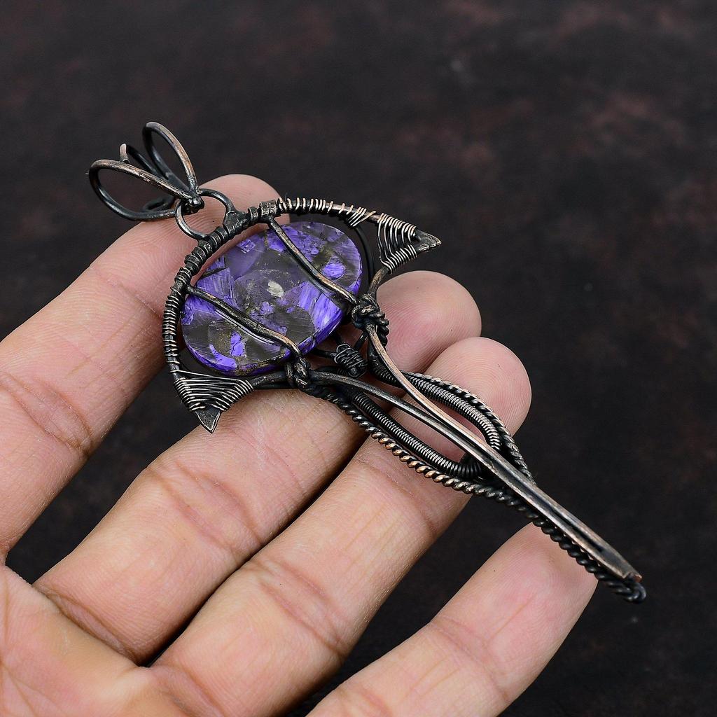 Медный кулон с чароитом, обернутый медной проволокой, кулон из натурального драгоценного камня, дизайнерский кулон ручной работы, чудесное медное ювелирное украшение в подарок для нее