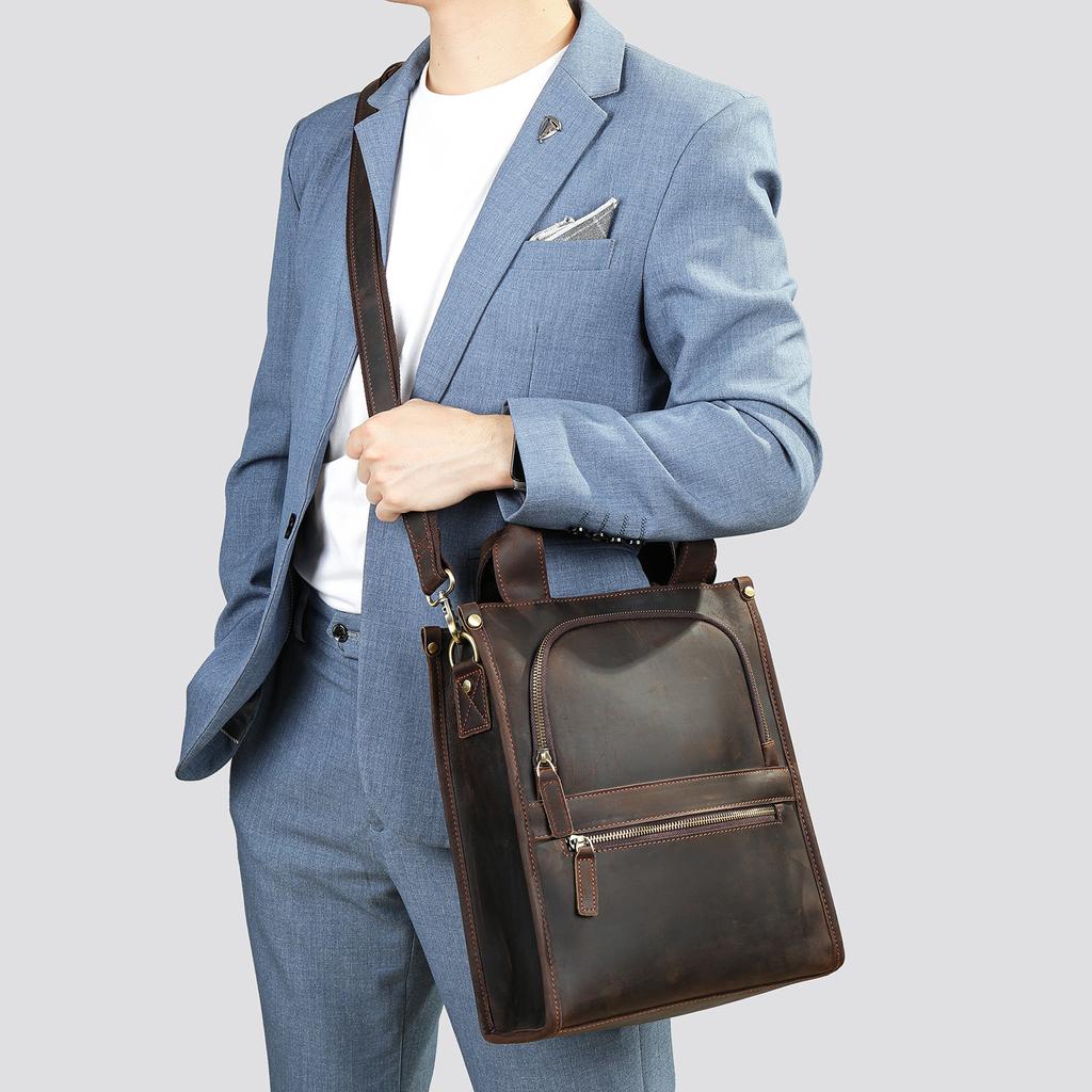 Сумка через плечо Crazy Horse Leather для мужчин Senior Sense Retro Crossbody, большая вместимость, сумка через плечо из коровьей кожи с вертикальным креплением