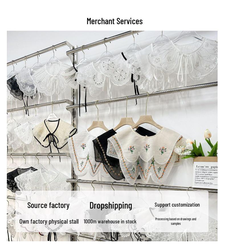 Hot Selling Ruffled Bow Tie Lace Collar with Beaded Detail for Women