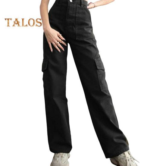 Женские брюки-карго со средней посадкой, застегивающиеся на молнию на талии, повседневные брюки с множеством карманов, прямые, свободные, однотонные длинные брюки