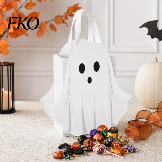 Halloween Purses And Handbags Ghost Gift Bag, White Candy Pouch with Cute Face, Trick or Treat Bag Favor for Party, Kids Goodie Prizes Ribbon Handle