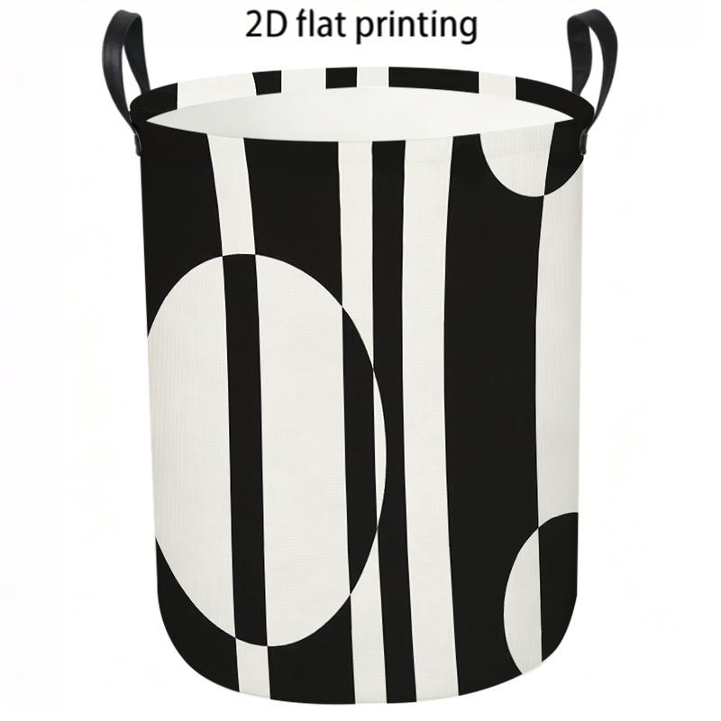 1pc Laundry Basket, Modern Minimalist Black And White Geometric Circle Striped Pattern Dirty Clothes Hamper, Collapsible Fabric Storage Bin with Handl
