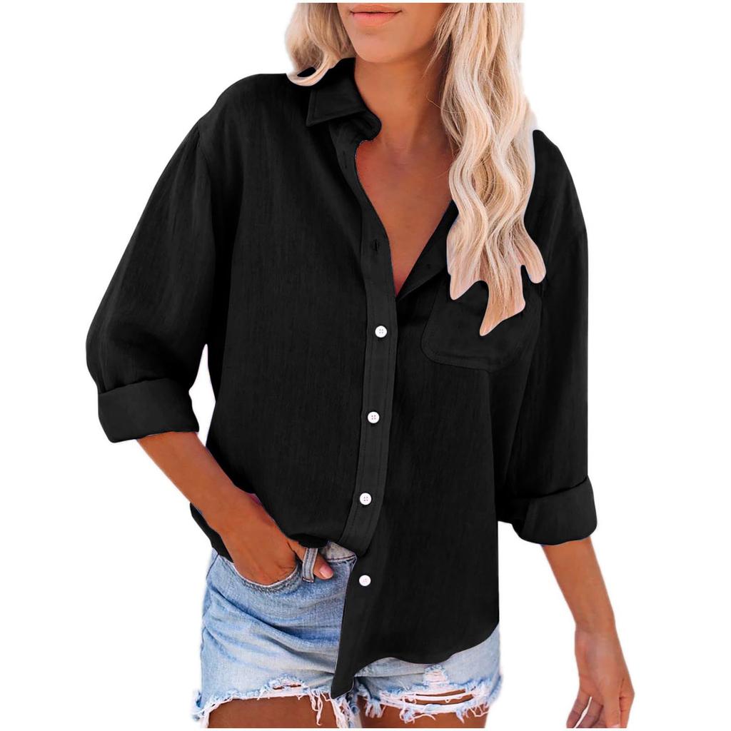 Women's Fashion Lapel Single Breasted Pocket Long Sleeve Solid Colour Casual Shirt Top