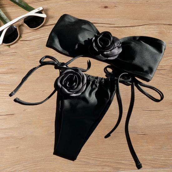 2 шт./компл. женский сексуальный комплект бикини с цветочным декором, бюстгальтер-бандо, трусы для плавания на шнуровке, комплект однотонного быстросохнущего купальника, пляжная одежда