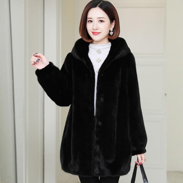 Autumn and Winter Faux Mink Fur Coat, Women's Hooded Mid To Long Fur Coat, Korean Version Mink Fur Coat