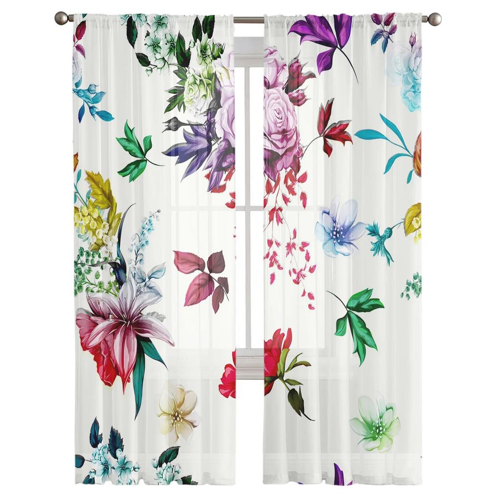 Flower Leaves Watercolor Tulle Curtains for Bedroom Hall Living Room Decor Chiffon Curtain for Balcony Kitchen Home Drapes