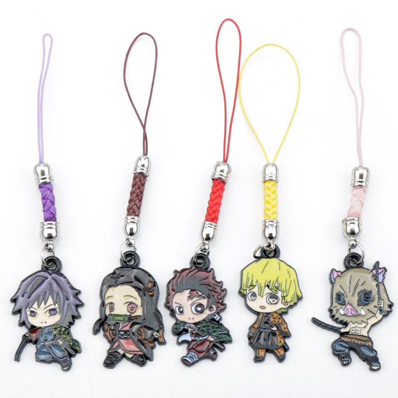 s 1 Piece Metal Anime Demon Slayer Mobile Phone Charm Cartoon Keychains Lanyard Bag Decoration Strap