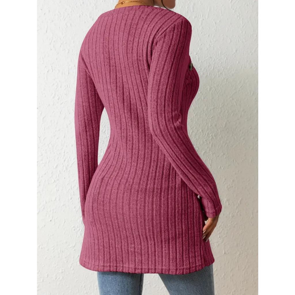 Женские модные топы, трикотажные, с пуговицами, U-образным вырезом, длинными рукавами, высоким боковым разрезом, прямой пуловер, универсальная повседневная футболка