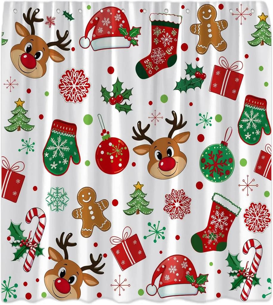 Christmas Shower Curtain Cute Reindeer Cookies Snowflake Red Green Xmas Balls Pine Tree Candy Holly Berry Winter Holiday Happy