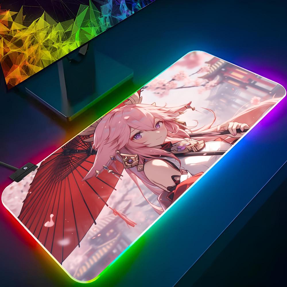 Коврик для мыши Yae Miko Genshin Impact Игровой RGB-коврик для мыши Печать на заказ Клавиатура с подсветкой Девушка-геймер XXL Коврик для ноутбука Настольные коврики Deskpad