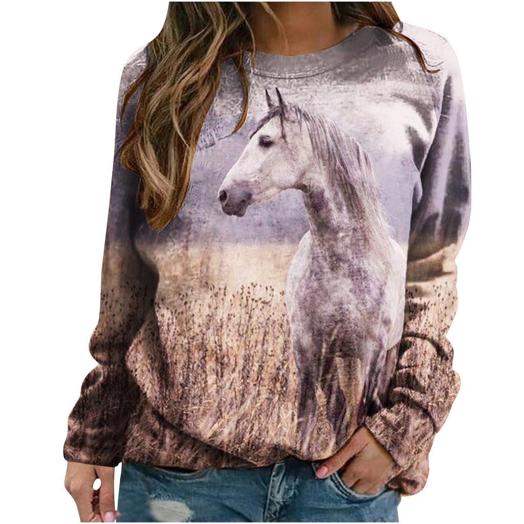 Осенние толстовки с лошадьми, толстовки с 3D-принтом животных, женская мода, длинный рукав, толстовка Y2k, свободные пуловеры, топы, женская одежда