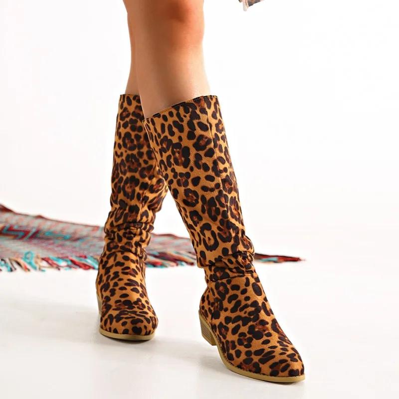2024 New Womens Sexy Pointy Retro Western Cowboy Boots Fashion Leopard Print Design Spring Autumn Women's Slip-on Botas De Mujer
