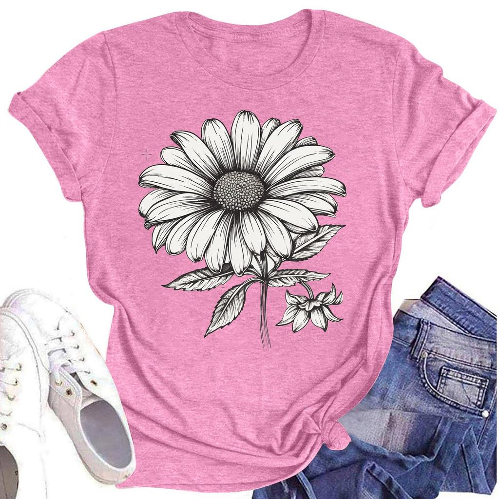 Женская повседневная футболка с круглым вырезом и цветочным принтом, короткий рукав