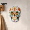 Day of The Dead Gift for Home Sugar Skull Hanging Sign, Hand-Painted Floral Mexican Calavera Wood Festive Wall Art Plaque, Tabletop Decor Halloween