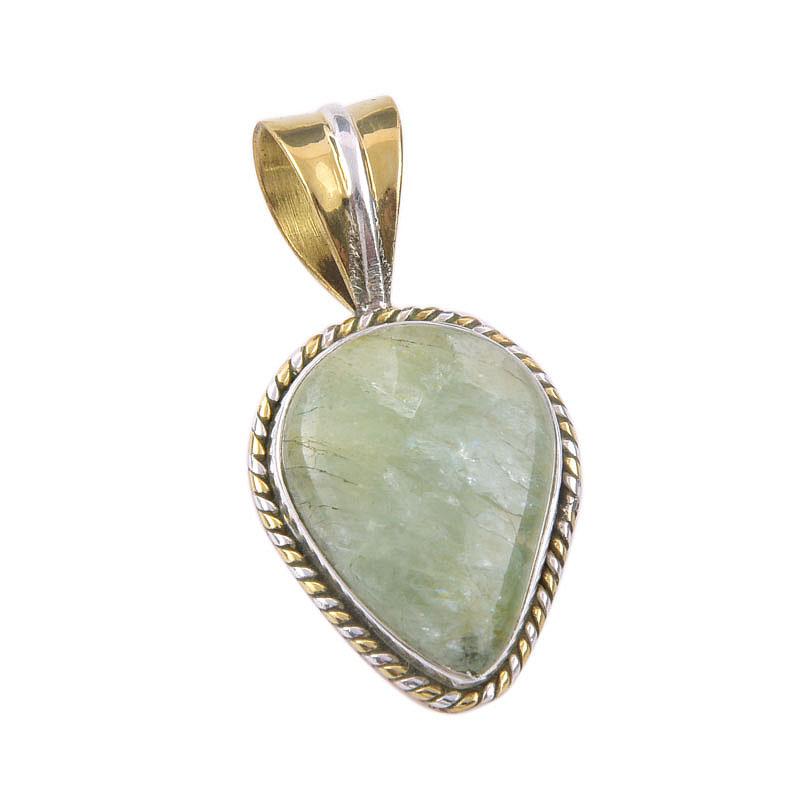 Natural Prehnite Gemstone 925 Solid Sterling Silver Two Tone Pendant 1.25" A3B00