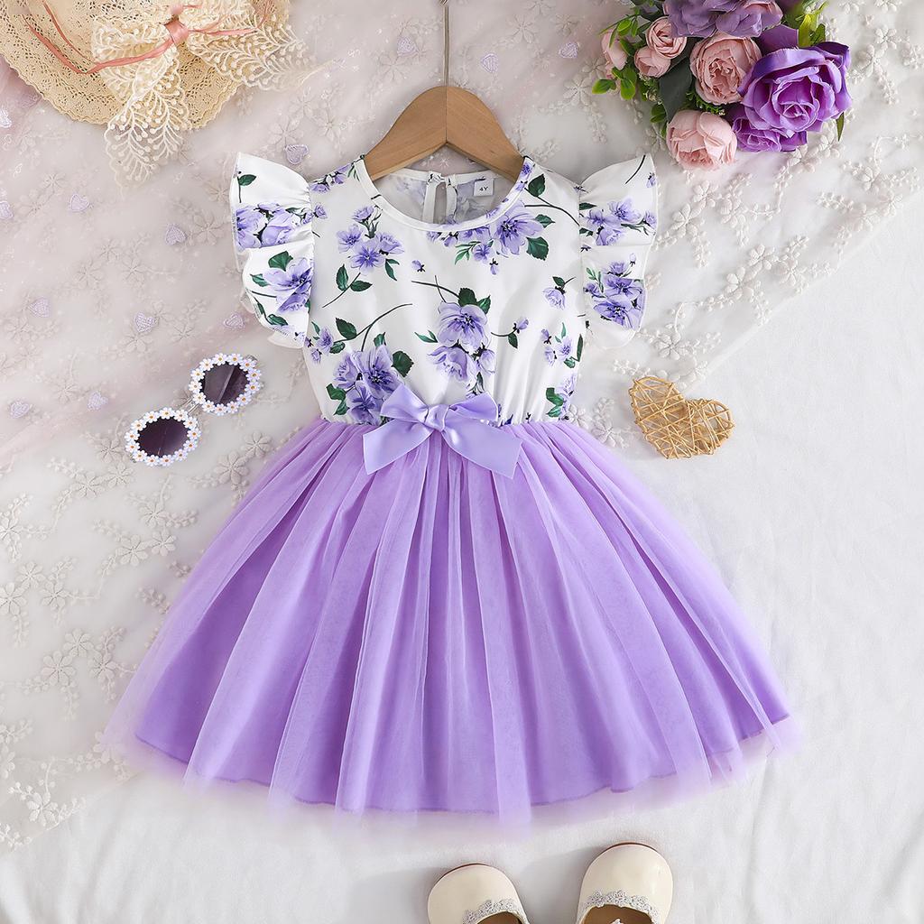 Summer Baby Girl Dresses Child Fresh Cute Dresses Children 4-8Y Flower Printed Fly Sleeve Tops Mesh Dresses