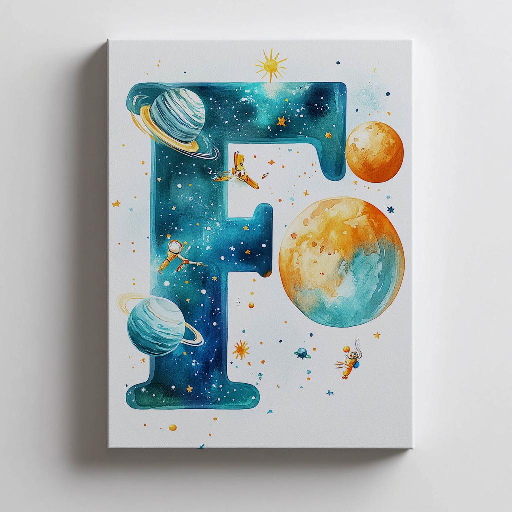 Poster "Letter F In Space" Poster "Letter F In Space, 30X40 Cm, Gold Aluminum Frame, 230 Gsm Matte Paper