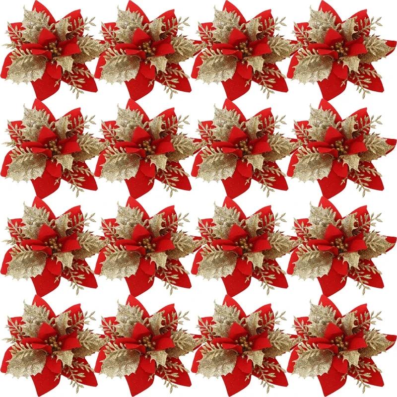 5/50PCS Christmas Artificial Glitter Flowers with Clips Fake Flower Xmas Tree Ornaments DIY New Year Party Decoration Supplies