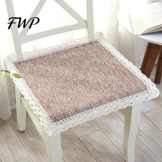Retro Lace Trim Chair Mat Cotton Linen Pad with Ties, Striped Plaid Decorative Seat for Rattan Chairs Trim, Breathable Dining Office Summer
