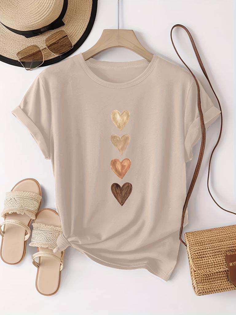 Женская повседневная футболка с коротким рукавом и графическим принтом в виде четырех сердец, футболка с принтом в городском стиле, простой дизайн, демонстрирующий элегантный стиль