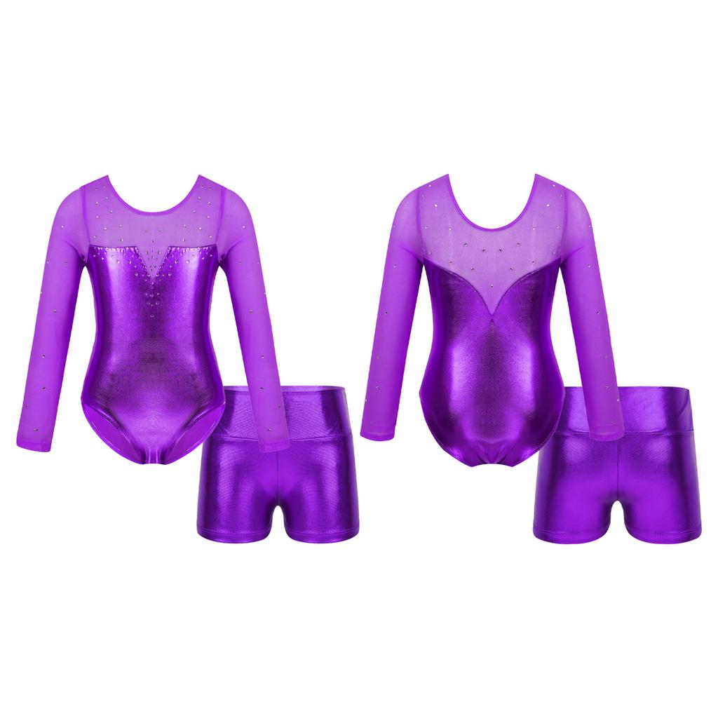 Детский комплект танцевальной одежды для девочек, купальник с длинными рукавами и круглым вырезом, блестящий декор со стразами, комбинезон и шорты