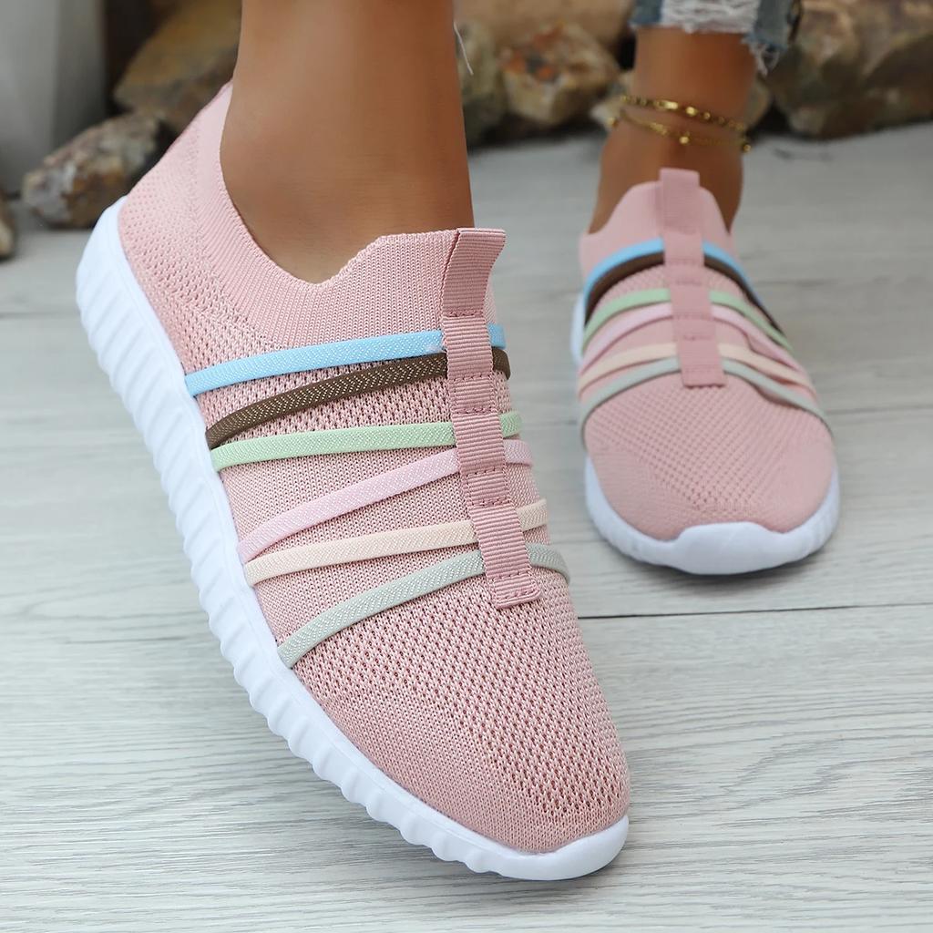 Fashion Colorful Strap Breathable Knitted Flats Women 2025 Summer Hollow Out Soft Bottom Mesh Slip On Casual Shoes Woman Plus Size