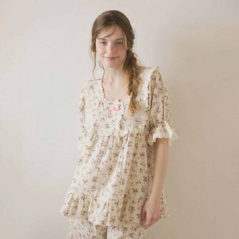 Lunaluz Women Floral Cotton Short Sleeve Square Neck Two Piece Pajamas