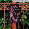 2D Flat in October We Wear Pink Rhinestone High Heel Butterfly Aluminum Metal Sign‑8.0x12.0inch Breast Cancer Awareness Wall Decor, Pink Ribbon Glam