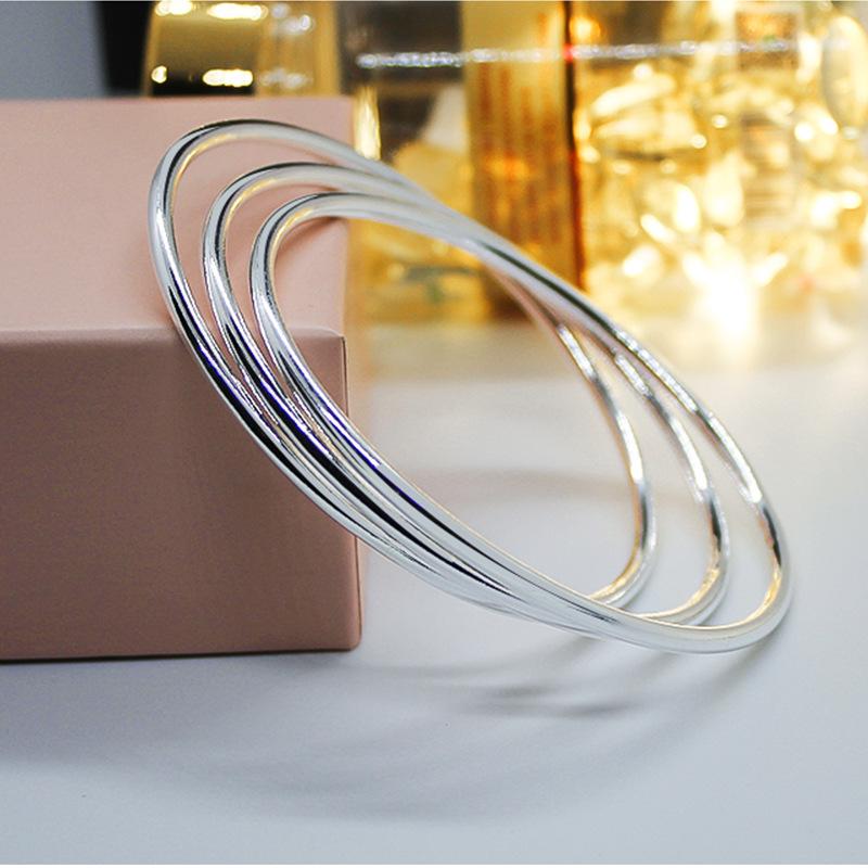 Женский браслет из стерлингового серебра S999 с тремя кольцами и несколькими петлями, серебряный браслет с гладким лицом, модный простой закрытый серебряный браслет