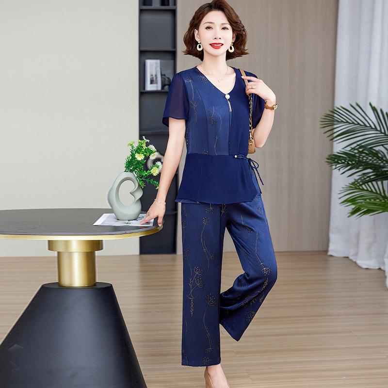 Стильный шифоновый летний костюм-двойка для мамы – с коротким рукавом, больших размеров, для женщин среднего и пожилого возраста.