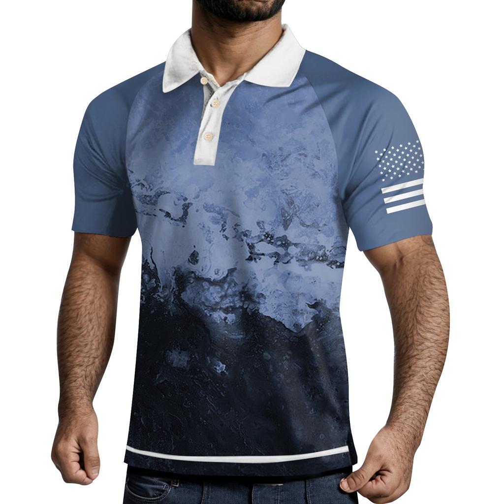 Men's Three Button Printed Lapel Short Sleeve Shirt Top