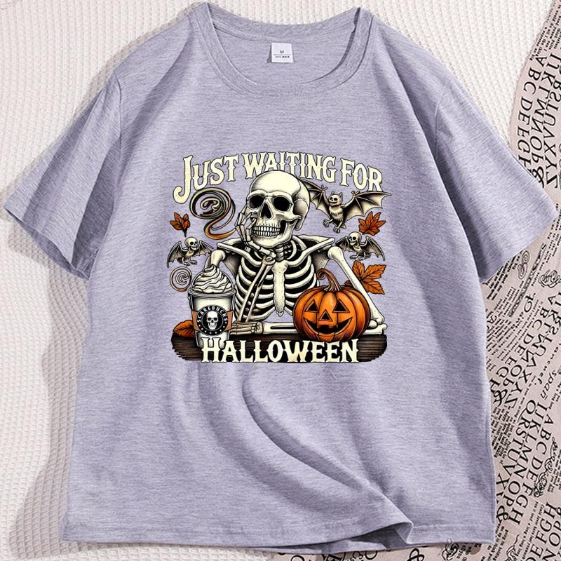 Just Waiting For Halloween Retro Tshirt Unisex Unisex Skeleton Pumpkin Halloween Waiting Tee Spooky Season Fall T Shirt