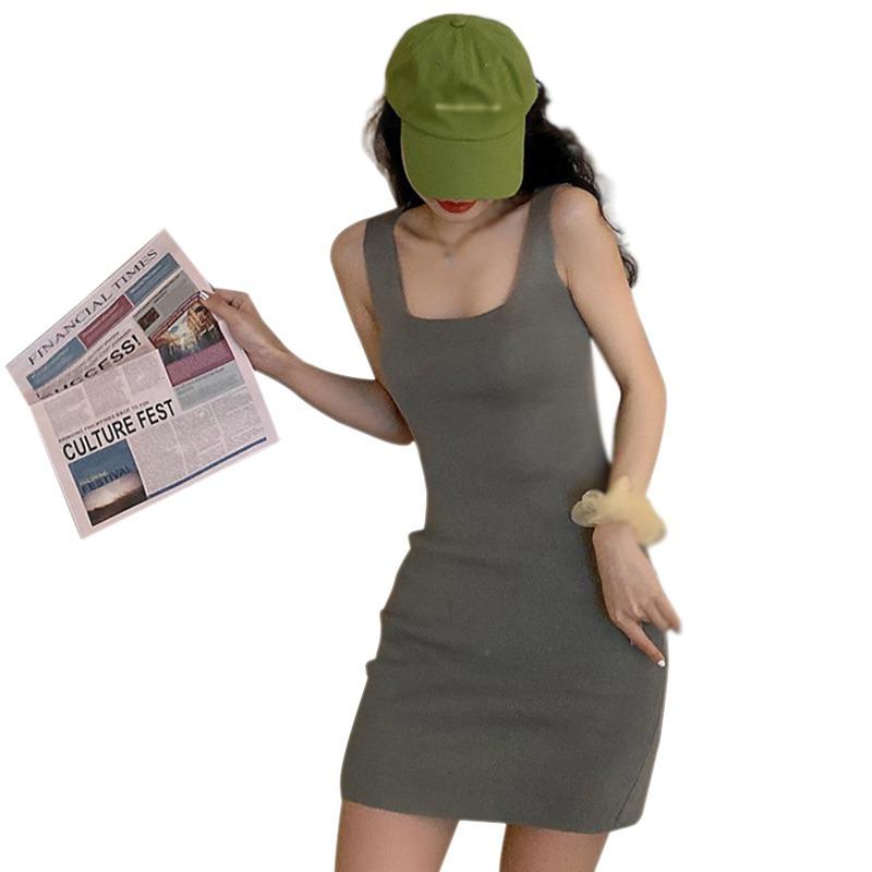 Женское платье-комбинация без рукавов, сексуальное клубное платье, однотонное, с квадратным вырезом, коктейльное, пляжное, вечернее платье